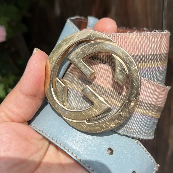 Gucci Multicolor Stripe Canvas and Leather Interlocking G Buckle Belt . Size 36 - Picture 3 of 17